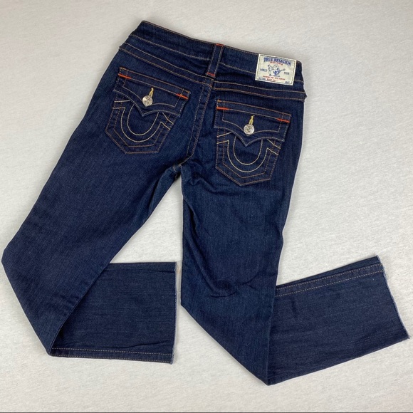 True Religion Becky Raw Edge Hem Dark Wash Flap Pocket TR Logo Bootcut Jeans - Picture 12 of 13